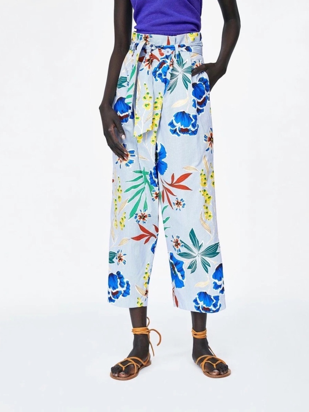 Zara Floral Wide-Leg Tie-Waist Pants in Blue